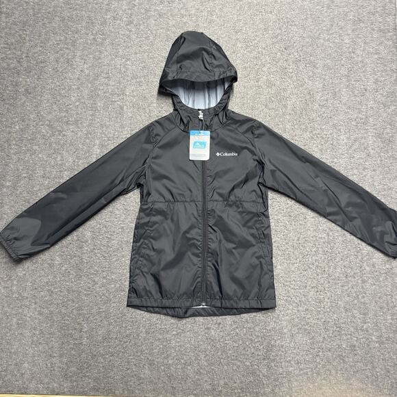 NWT Columbia Switchback II Waterproof Jacket Girls Medium Black Hooded Rain Coat - Picture 1 of 5